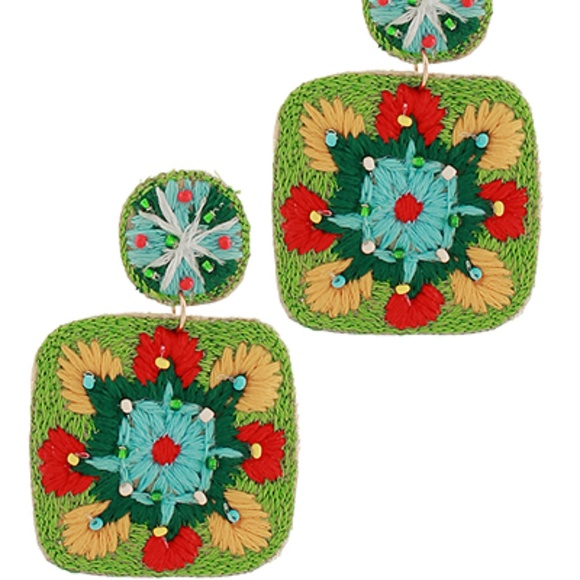 Embroidered Square Drop Earrings - Picture 3 of 3
